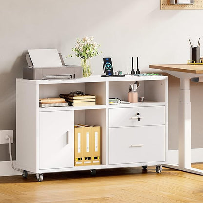 DWVO 2 Drawer File Cabinet with Charging Station, Mobile Filing Cabinet with Lock, White - LeafyLoom