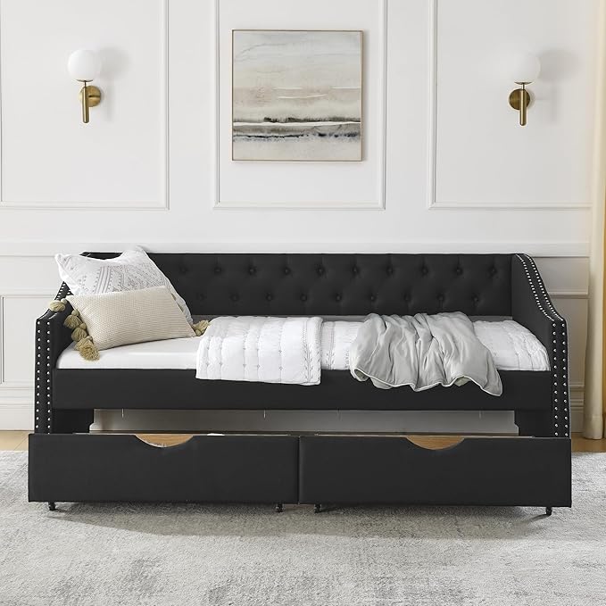 Twin Size Daybed with Two Storage Drawers, Linen Upholstered Tufted Sofa Bed w/Button on Back and Copper Nail on Waved Shape Arms, for Bedroom Living Room, No Box Spring Needed, Black - LeafyLoom