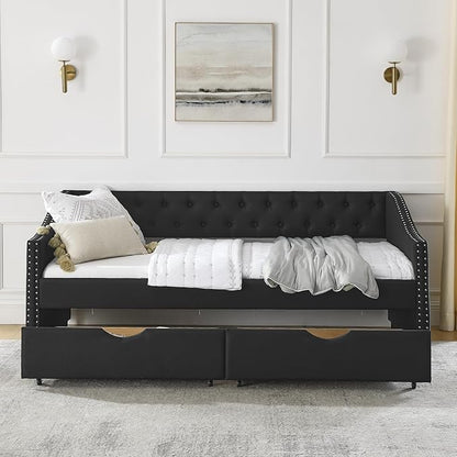 Twin Size Daybed with Two Storage Drawers, Linen Upholstered Tufted Sofa Bed w/Button on Back and Copper Nail on Waved Shape Arms, for Bedroom Living Room, No Box Spring Needed, Black - LeafyLoom