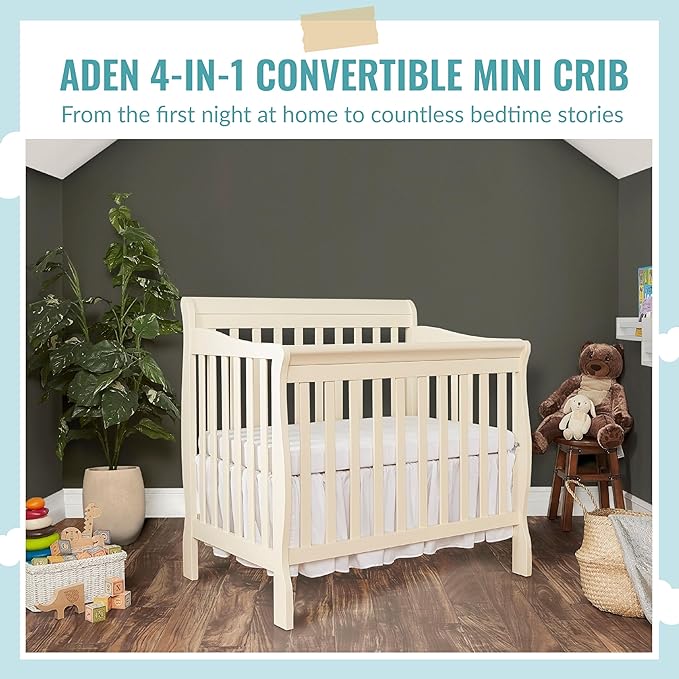 Aden 4-in-1 Convertible Mini Crib In French White, Greenguard Gold Certified, Non-Toxic Finish, New Zealand Pinewood, With 3 Mattress Height Settings - LeafyLoom