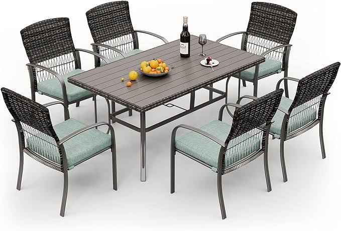 Pamapic Patio Dining Table Set, Outdoor Dining Set 7 Piece, Outdoor Wicker Furniture Set with Removable Cushions for Backyard Garden Deck/Iron Slats Table Top(Green) - LeafyLoom