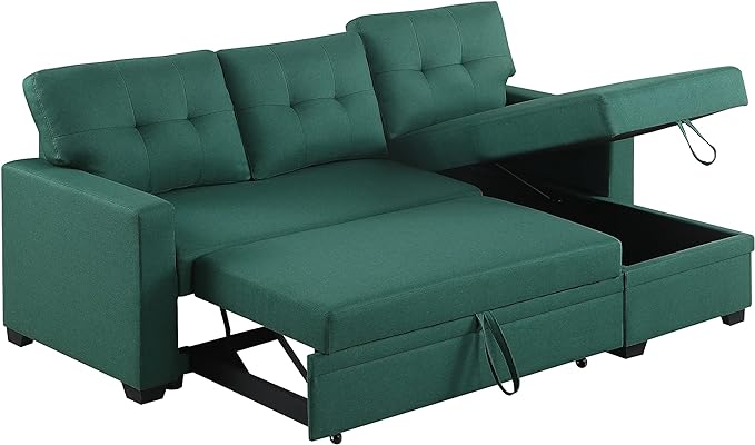 RITSU L-shaped Corner Storage Sofa Pull Out Convertible Bed, 3-Person Sleeper Couch, Linen Fabric Tufted Cushion, Space Saving for Living Room, Apartement, Office, Green, 82 inch - LeafyLoom