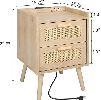 Finnhomy Nightstand with Charging Station, Bedside Table with 2 Hand Made Rattan Decorated Drawers, Night Stand with Storage for Bedroom, Natural - LeafyLoom