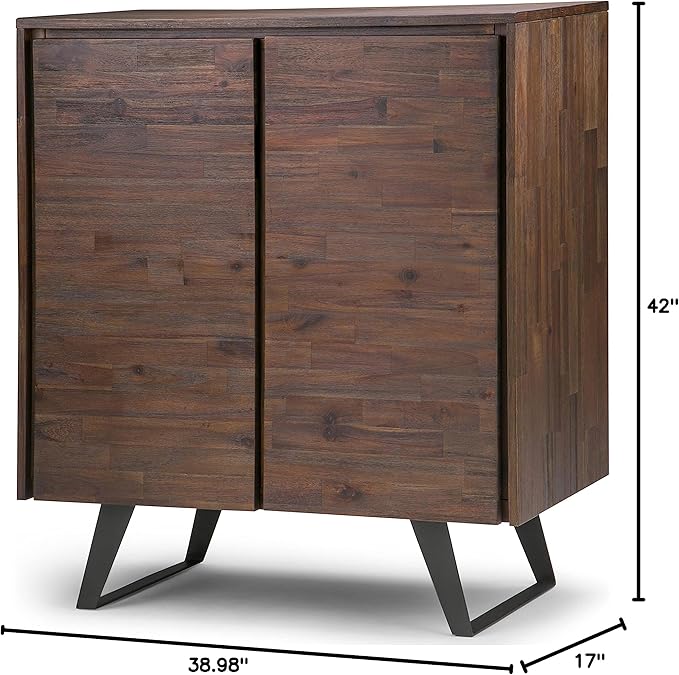 SIMPLIHOME Lowry SOLID ACACIA WOOD and Metal 39 Inch Wide Modern Industrial Medium Storage Cabinet in Distressed Charcoal Brown, For the Living Room, Entryway and Family Room - LeafyLoom