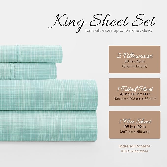 Linen Market 4 Piece King Bedding Sheet Set (Aqua Thatch) - Sleep Better Than Ever with These Ultra-Soft & Cooling Bed Sheets for Your King Size Bed - Deep Pocket Fits 16" Mattress - LeafyLoom