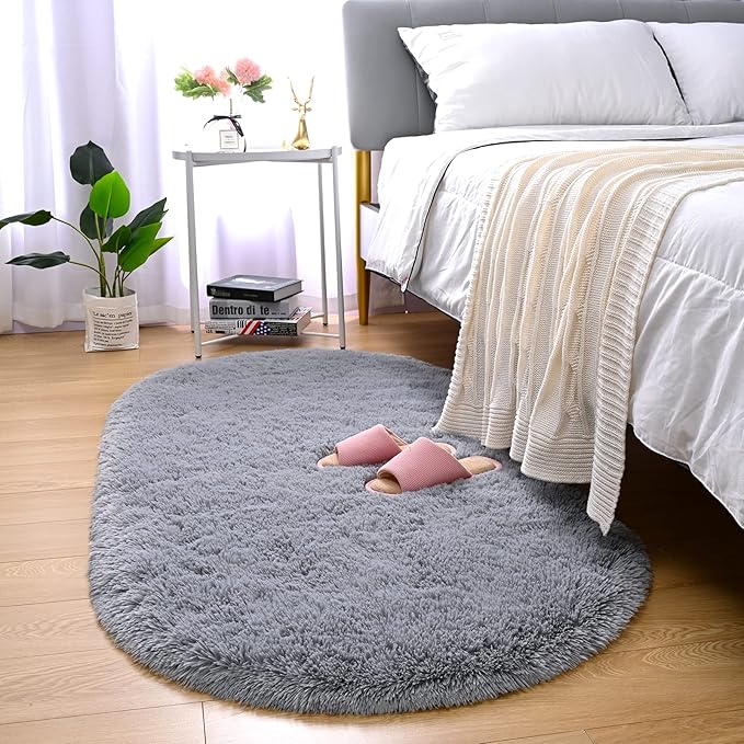 Merelax Soft Shaggy Rug for Kids Bedroom, Oval 2.6 x5.3 ft Grey Plush Fluffy Carpets for Living Room, Furry Carpet for Teen Girls Room, Anti-skid Fuzzy Comfy Rug for Nursery Decor Cute Baby Play Mat - LeafyLoom