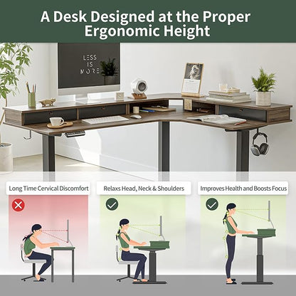 FEZIBO Triple Motor 63" L Shaped Standing Desk with 3 Drawers, Electric Gaming Desk Adjustable Height, Corner Stand up Desk with Splice Board, Black Frame/Black Walnut Top - LeafyLoom