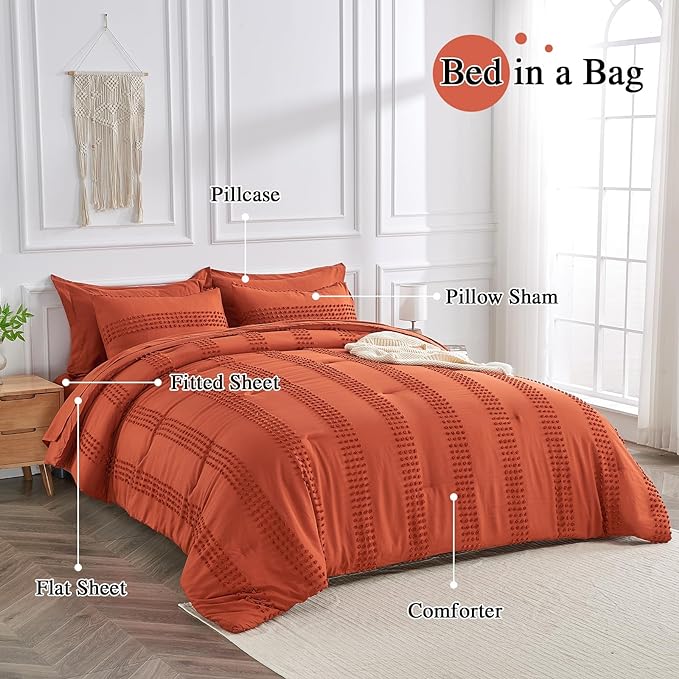 ENJOHOS California King Size Comforter Set with Sheets 7 Pc - Burnt Orange Oversized King Comforter Set, King Bed in a Bag Set, Boho Tufted Bedding with Pom, Lightweight Microfiber Comforter - LeafyLoom