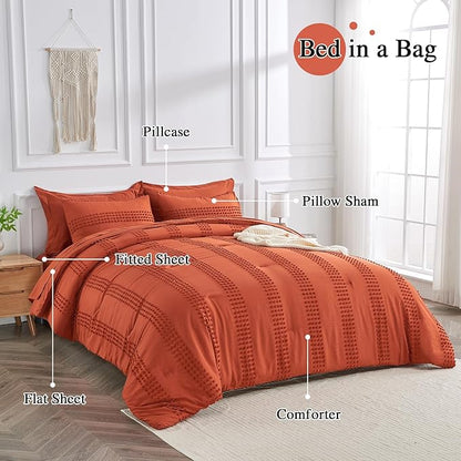 ENJOHOS Twin Comforter Set with Sheets - 5 Pc Twin Bed in A Bag Set, Burnt Orange Twin Size Bedding Comforter Sets, Boho Tufted Comforter with Pom, Lightweight Soft Microfiber Comforter Bed Set - LeafyLoom