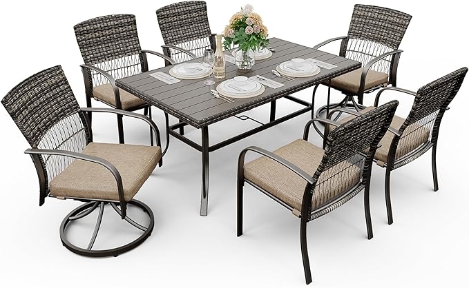 Pamapic 7 Piece Outdoor Dining Set, Rattan Outdoor Patio Furniture Set for Backyard with Iron Outdoor Dining Table, 4 Swivel Deck Chairs, 2 Wicker Chairs and Removable Cushions (Beige) - LeafyLoom