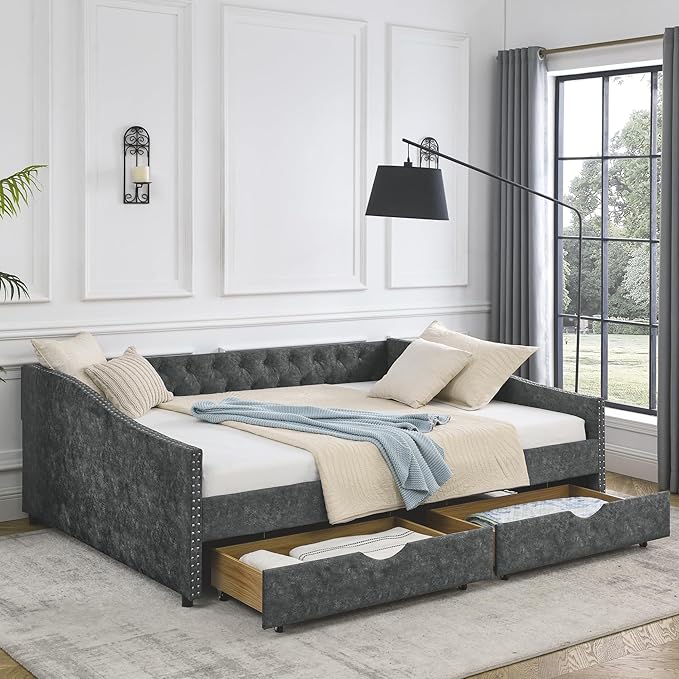 Queen Size Upholstered Daybed with Two Storage Trundle Drawers, Wooden Sofa Bed w/Button Tufted Backrest and Waved Shape Arms, No Box Spring Needed, for Living Room, Bedroom, Dorm, Grey - LeafyLoom