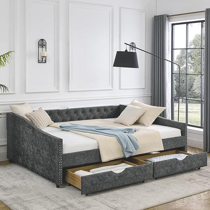 Queen Size Upholstered Daybed with Two Storage Trundle Drawers, Wooden Sofa Bed w/Button Tufted Backrest and Waved Shape Arms, No Box Spring Needed, for Living Room, Bedroom, Dorm, Grey - LeafyLoom