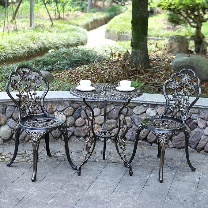 Patio Bistro Set.Rust-Resistant Cast Aluminum Bistro Table Set with Umbrella Hole for Backyard (Rose Copper) - LeafyLoom