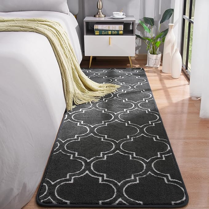 Chicrug Shag Geometric Modern Runner Rug for Bedroom, 2x6 Feet Memory Foam Indoor Hallway Runner Carpet, Fluffy Rug for Living Room Bedside Room Decor for Family, Dark Grey/White - LeafyLoom