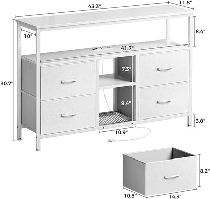 TV Stand Dresser with Power Outlets and LED Lights, 4 Drawers Entertainment Center with Open Shelf, Media Console for 50 43 Inch TV, Dresser with PU Finish, White - LeafyLoom