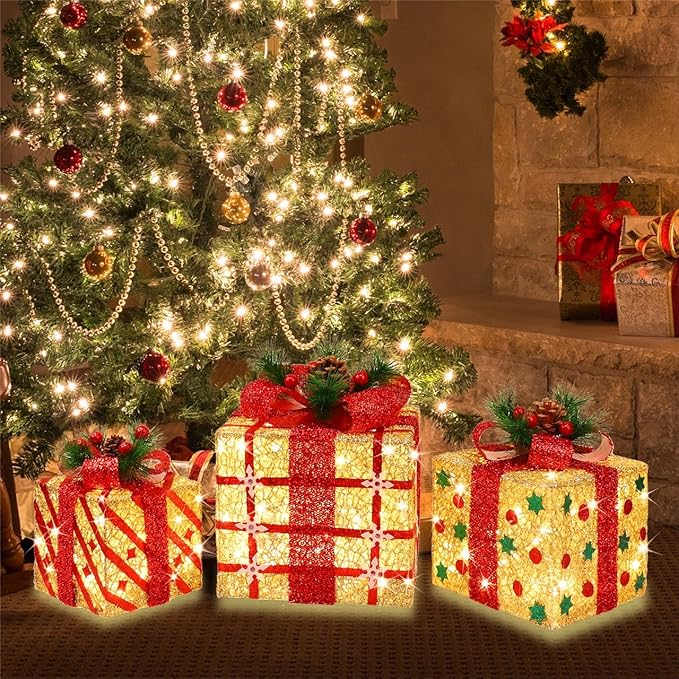 [Large 9.5"x8"x6.5" Christmas Set of 3 Lighted Gift Boxes Decorations Pre-lit 70 Super-Bright LED with Flashers,for Indoor Outdoor Christmas Tree Skirt Ornament Pathway Holiday Party Home GLOWNOVA