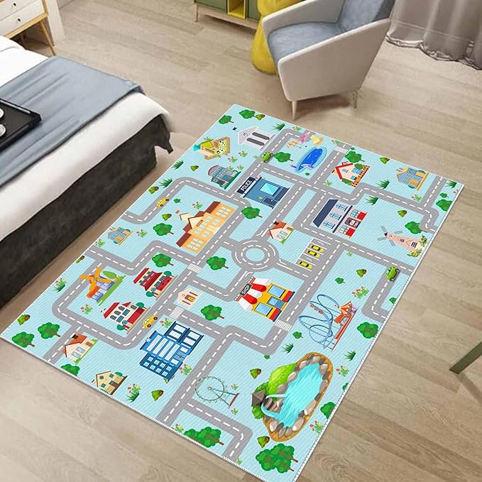 Kids Car Rug, 3x5 City Life Traffic Road Playmat for Toy Cars Trains, Non-Slip Race Track Carpet Educational Fun Area Rugs for Boy and Girl Bedroom Nursery - LeafyLoom