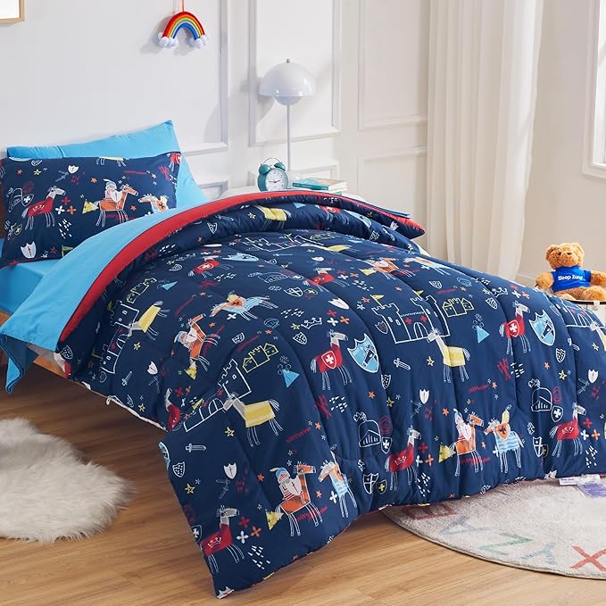 SLEEP ZONE 7 Pieces Kids Comforter Bed in A Bag, Soft Lightweight, Fluffy & Durable Children Bed Set with Comforter, Sheet, Pillowcase & Sham (Knight‘s Tale, Full/Queen) - LeafyLoom