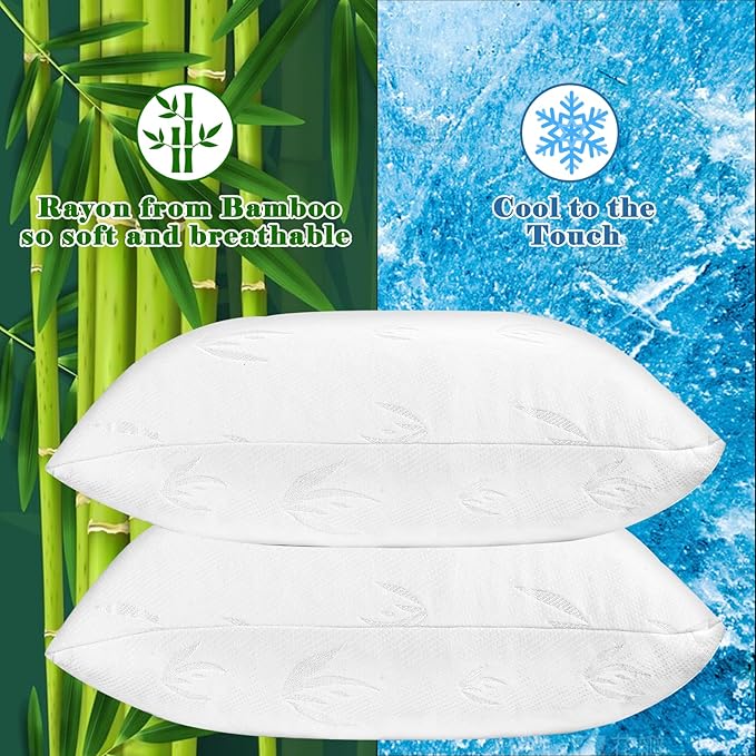 Cooling Bed Pillows for Sleeping 2 Pack, Shredded Memory Foam Pillows Queen Size Set of 2 - Adjustable Pillows for Side Back Sleepers with Cooling Washable Cover, Medium Firm Support Pillows - LeafyLoom