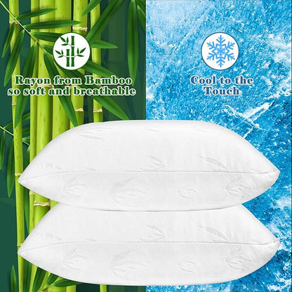 Cooling Bed Pillows for Sleeping 2 Pack, Shredded Memory Foam Pillows Queen Size Set of 2 - Adjustable Pillows for Side Back Sleepers with Cooling Washable Cover, Medium Firm Support Pillows - LeafyLoom