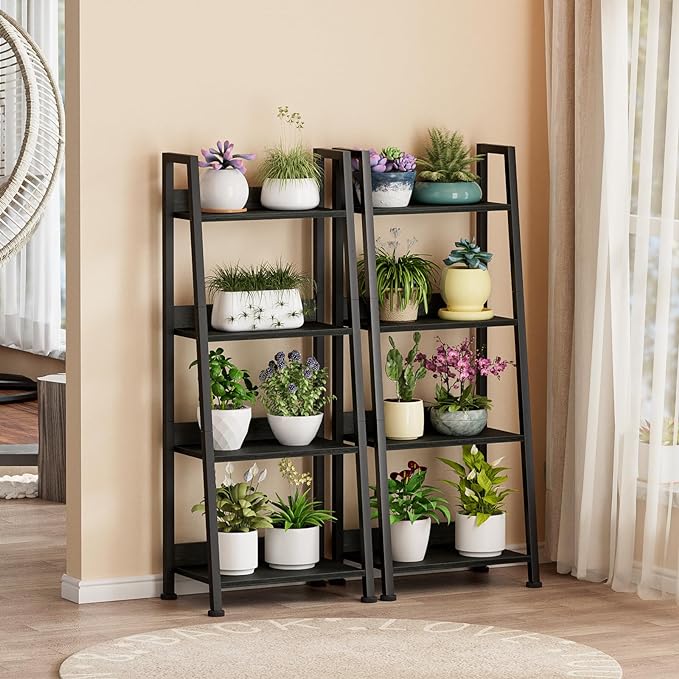 Furologee 4-Tier Ladder Shelf, Ladder Bookshelf with Removable Drawer, Bookcase Storage Rack Organizer, Freestanding Storage Shelves for Living Room, Home Office, Bedroom, Black Oak - LeafyLoom