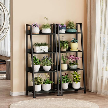 Furologee 4-Tier Ladder Shelf, Ladder Bookshelf with Removable Drawer, Bookcase Storage Rack Organizer, Freestanding Storage Shelves for Living Room, Home Office, Bedroom, Black Oak - LeafyLoom