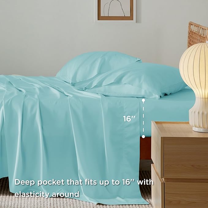 Bedsure Full Size Sheets, Cooling Sheets Full, Rayon Derived from Bamboo, Deep Pocket Up to 16", Breathable & Soft Bed Sheets, Hotel Luxury Silky Bedding Sheets & Pillowcases, Blue Tint - LeafyLoom