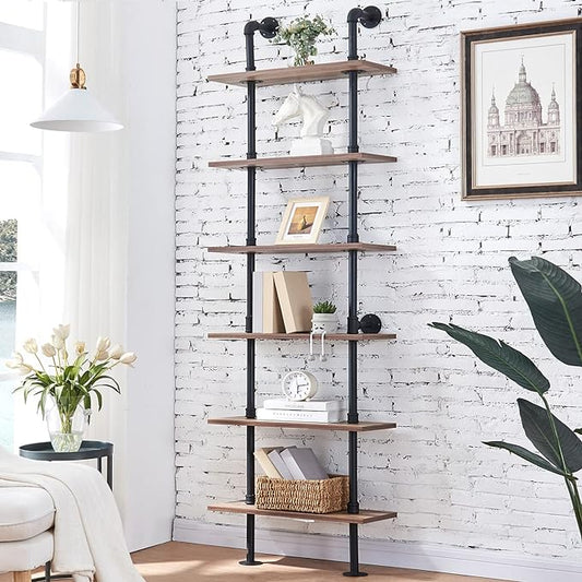 HOMBAZAAR Industrial Bookshelf, 6-Tier Industrial Pipe Bookshelf, Wall Mounted Ladder Shelves with Metal Frame for Home Office, Living Room, Oak Brown - LeafyLoom