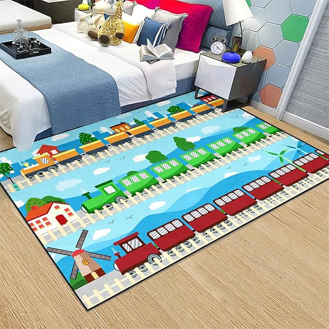 Train Rug Car Rug Play Mat Truck Rugs for Boys Room Kids Car Rug Truck Car Rug Car Carpet for Kids Kids Rugs for Playroom Car Rug for Boys Room,Light Blue 3'×4' - LeafyLoom