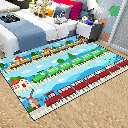 Train Rug Car Rug Play Mat Truck Rugs for Boys Room Kids Car Rug Truck Car Rug Car Carpet for Kids Kids Rugs for Playroom Car Rug for Boys Room,Light Blue 3'×4' - LeafyLoom