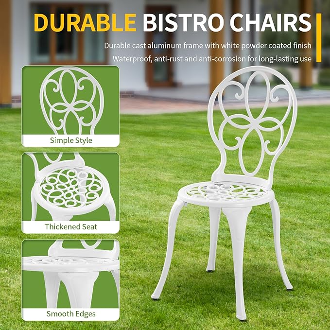 Patio Bistro Sets, Cast Aluminum Bistro Table and Chairs Set of 2 with Umbrella Hole, Bistro Set 3 Piece Outdoor, Metal Patio Furniture Set for Garden Porch, White - LeafyLoom