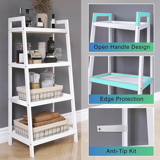 SMIBUY Ladder Shelf, 4 Tier Bamboo Bookshelf, Bathroom Storage Organizer Plant Display Stand, Freestanding Open Shelving Unit with Handles for Home Office (White) - LeafyLoom