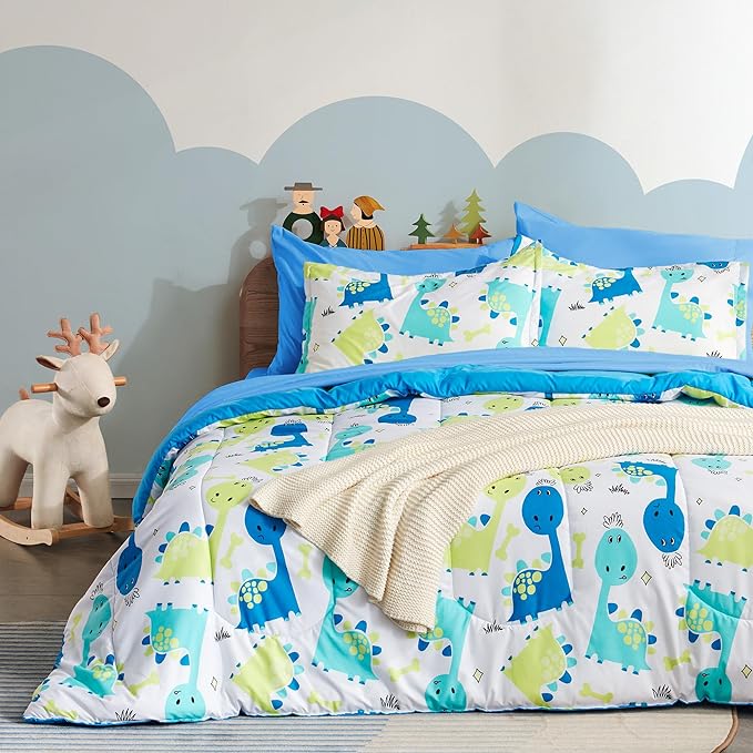 SLEEP ZONE Kids Twin Bedding Comforter Set - Super Cute & Soft Kids Bedding 5 Pieces Set with Comforter, Sheet, Pillowcase & Sham (Cute Dino) - LeafyLoom