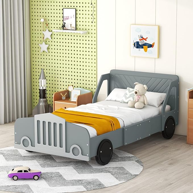 Twin Size Car-Shaped Bed Frame for Kids,Wooden Platform Bed with Wheels and Side Rails for for Boys Girls,Wood Slat Supports,No Box Spring Needed,Gray - LeafyLoom