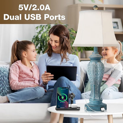 27.5'' Set of 2 Table Lamps for Living Room,Vintage Nightstand Bedside Lamps with 2-USB Charging Ports, Retro 3-Way Dimmable Touch Lamps for Nightstand Bedroom (2 Bulbs Includ Blue Washed) - LeafyLoom