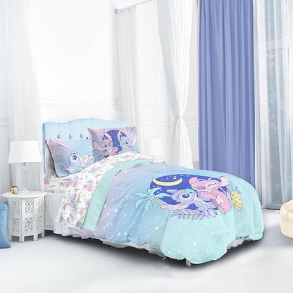 Disney Lilo and Stitch Full Size Comforter Set - 7 Piece Floral Bedding includes Sheet Set & Pillow Covers Features Angel - Super Soft Purple & Teal Stars Kids Bedding - LeafyLoom