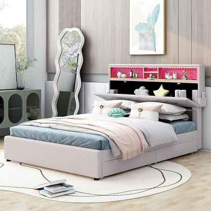 Full Size Bed Frame with LED Headboard, USB Charging, Upholstered Platform Bed with Storage Drawers and Headboard, No Box Spring Needed, Beige - LeafyLoom