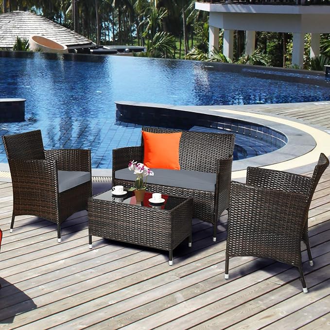 Goplus 4-Piece Rattan Patio Set, Outdoor/Indoor Wicker Conversation Set for Pool, Backyard, Lawn, Wicker Chairs and Sofa with Soft Cushion, Rattan Furniture with Tempered Glass Coffee Table - LeafyLoom