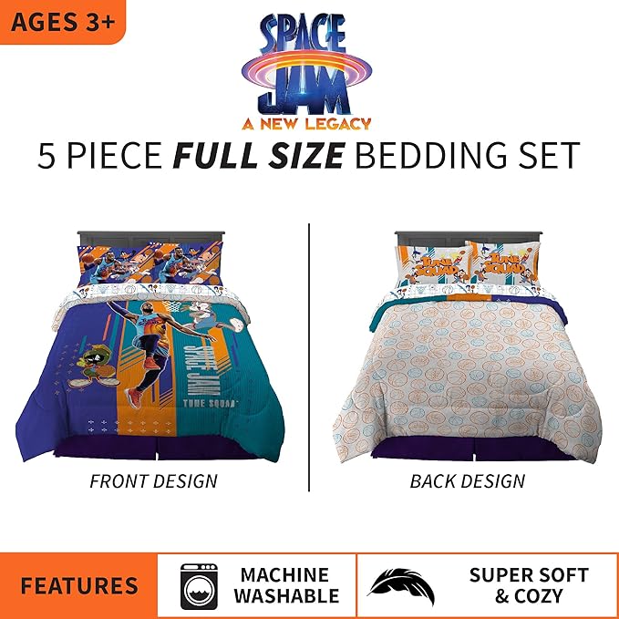 Franco Kids Bedding Super Soft Comforter and Sheet Set, 5 Piece Full Size, Space Jam 2 A New Legacy - LeafyLoom