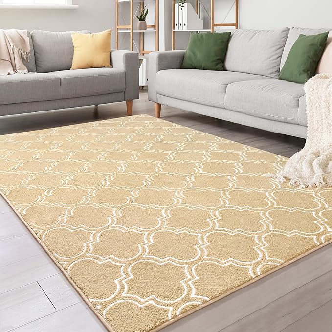 Chicrug Shag Geometric Modern Area Rug for Living Room, 6x9 Feet Large Memory Foam Indoor Carpet, Fluffy Rug for Bedroom Bedside Room Decor for Family Girls Kids Nursery, Beige/White - LeafyLoom