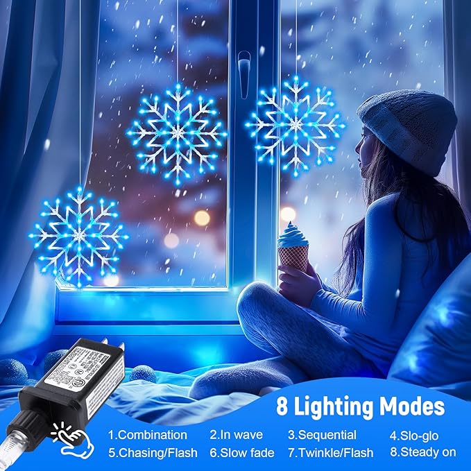 Christmas Snowflake Icicle Lights Outdoor - Plug-in 23.6ft 10 Drops 480LED Snowflake Window Lights, Connectable for Indoor Outdoor Porch Eaves Rooftops Canopy Christmas Decoration, Blue and White Brightown