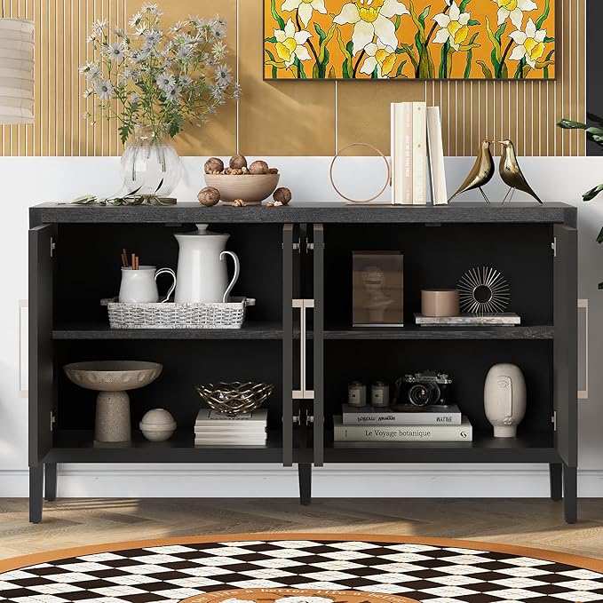 Merax Wood Sideboard Buffet Cabinet with Storage, 4 Door Farmhouse Cupboard w/Adjustable Shelves, Console Table for Kitchen, Dining/Living Room, Black - LeafyLoom