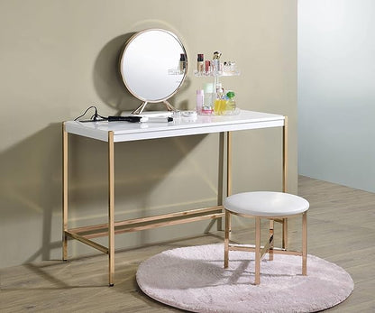 Acme Midriaks Wooden Top Writing Desk with USB Port in White and Gold - LeafyLoom