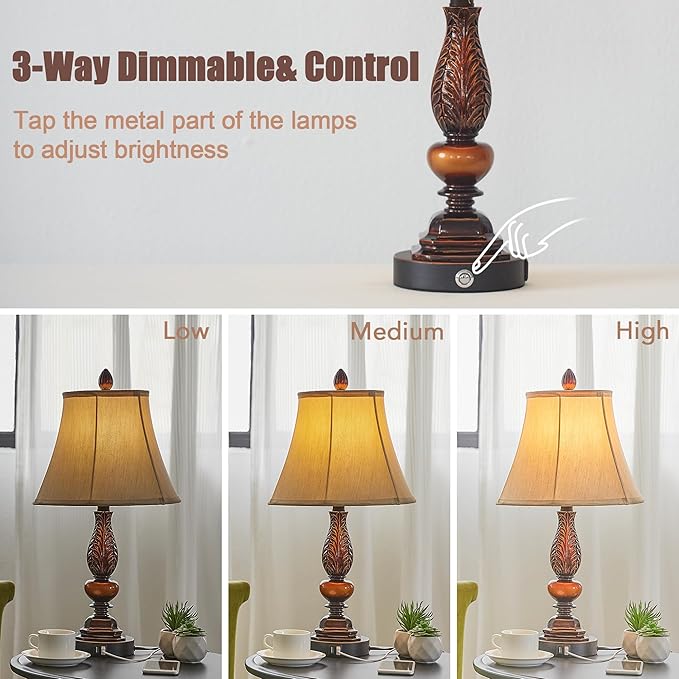 Set of 2 Bedroom Lamps,3-Way Dimmable Rustic Touch Table Lamps for Nightstand,Farmhouse Bedside Vintage Lamps with Dual USB Charging Ports for Living Room (Bulbs Included/Retro Bronze) - LeafyLoom