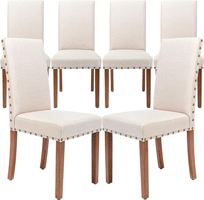 Upholstered Parsons Dining Chair with Nailhead Trim and Sturdy Solid Wood Legs, Set of 6, Cream - LeafyLoom