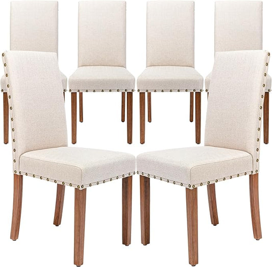 Upholstered Parsons Dining Chair with Nailhead Trim and Sturdy Solid Wood Legs, Set of 6, Cream - LeafyLoom