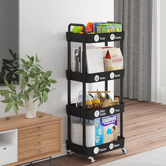 4-Tier Storage Cart,Multifunction Utility Rolling Cart Kitchen Storage Organizer,Mobile Shelving Unit Cart with Lockable Wheels for Bathroom,Laundry,Living Room,With Classified Stickers,Black - LeafyLoom