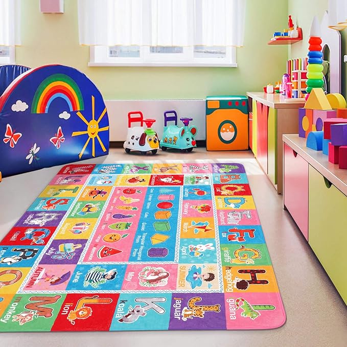 IMIKEYA Play Rugs Playroom Mat with Colorful Pattern, Playtime Collection ABC Alphabet, Seasons, Months, Fruit and Shapes Playmat Educational Rug for Kids Playroom Bedroom, 55 x 43.3 Inch - LeafyLoom