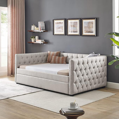 RITSU Modern Daybed with Casters, Upholstered Tufted Pull-Out Sofa Bed, Linen Solid Wood Structure, Square Arms w/Buttons and Copper Nails Accent, Suitable for Bedroom, Apartment, 85.00, Beige-2 - LeafyLoom