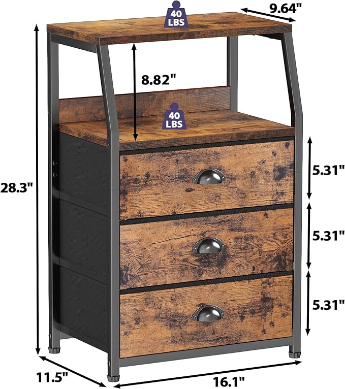 Furnulem Nightstand with 3 Drawers and 2-Tier Shelf, Fabric Small Dresser Organizer Vertical Storage Tower for Bedroom, Closet, Hallway, Nursery, End Table Side Furniture, Sturdy Steel Frame, Wood Top - LeafyLoom